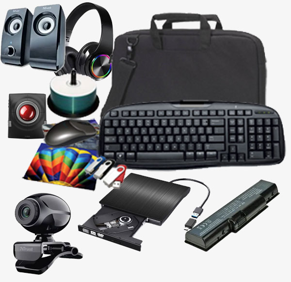 A desktop and Laptop setup featuring a keyboard, mouse, headset, and additional accessories for an efficient work environment. 