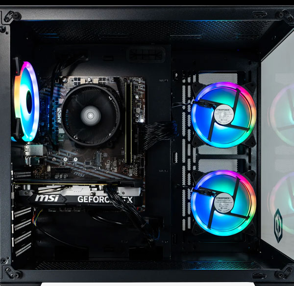 A computer case with three vibrant fans and a fan controller, designed for improved cooling efficiency.